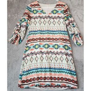 Rachel Kate Dress Womens Small Multicolor Geometric Tribal V-Neck Tie Sleeve